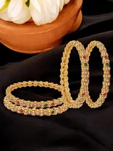 FEMMIBELLA Set Of 4 Gold-Plated Stone Studded & Beaded Meenakari Bangles