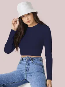 Dream Beauty Fashion top-154-tally-navyblue Women Solid Round Neck Long Sleeve Top