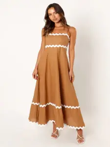 bebe Brown Scalloped Trim Spaghetti Strap A-line Maxi Dress