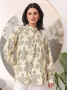 Virah Fashion Floral Print Mandarin Collar Puff Sleeve Cotton Crop Top