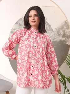 Virah Fashion Floral Print Mandarin Collar Puff Sleeve Cotton Crop Top