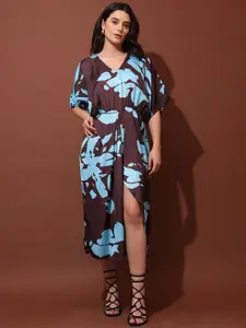 PURVAJA Print Kimono Sleeve Satin Midi Dress