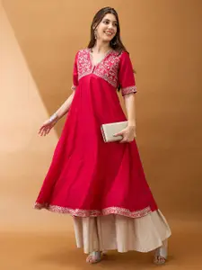 Globus Sequinned Floral Embroidered Yoke V-Neck Alia Cut A-Line Festive Kurta