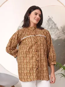 Virah Fashion Floral Print Mandarin Collar Puff Sleeve Cotton Crop Top