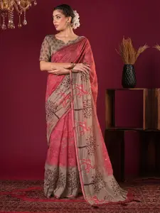 Anouk Floral Mirror Work Linen Blend Bagru Saree