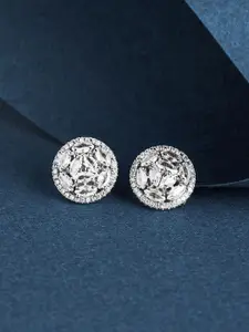 TEEJH Apsara Aura Silver Plated CZ Studded Circular Shaped Oxidised Stud Earrings