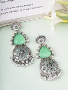 Sangria Silver-Plated Stone-Studded & Beaded Circular Shaped Oxidised Drop Earrings