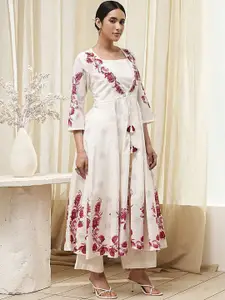 Biba Yoke Design Shoulder Straps Pure Cotton Top With Palazzos & Shrug