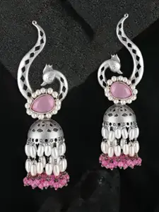 Sangria Silver-Plated Stones Studded & Pearls Tassels Dome Shaped Oxidised Jhumkas