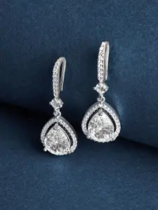 TEEJH Silver-Plated Teardrop Shaped Oxidised Drop Earrings