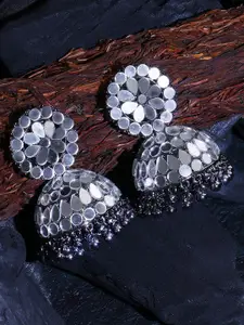 Sangria Silver-Plated Artificial Stones Studded Dome Shaped Oxidised Jhumkas