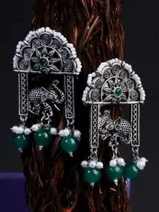 Sangria Silver Plated Stones Studded & Pearls Beaded Elephant Oxidised Drop Earrings