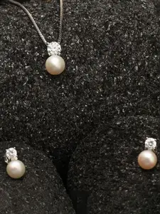 925 SILLER 925 Pure Silver Pearl Zircon Studded Chain Pendant Set