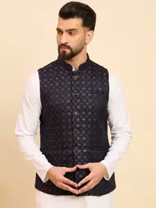 House of Pataudi Woven Design Mandarin Collar Nehru Jacket