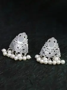 Sangria Silver-Plated Pearls Beaded Contemporary Shaped Drop Earrings