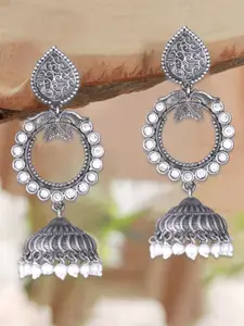 Sangria Silver-Plated Stones-Studded & Beaded Dome Shaped Oxidised Jhumkas