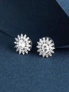 TEEJH Silver-Plated Floral Cubic Zirconia Stone Studded Oxidised Studs