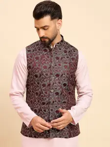 House of Pataudi Woven Design Mandarin Collar Nehru Jacket