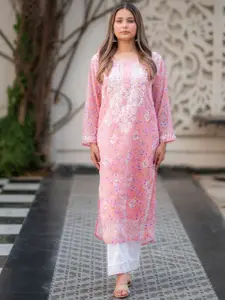 Rangreza Ethnic Floral Embroidered Chikankari Georgette Straight Kurta