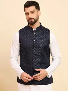 House of Pataudi Women Woven Design Mandarin Collar Nehru Jacket