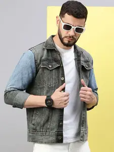 Kaali Peeli Grey Washed Denim Jacket with Patchwork