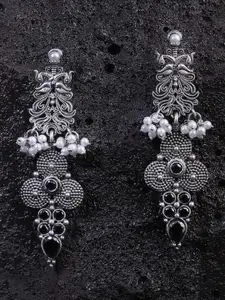 Sangria Silver-Plated Artificial Beaded Floral Shaped Oxidised Drop Earrings