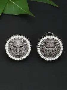 Sangria Silver-Plated Pearls Beaded Animal Shaped Lion Design Oxidised Studs