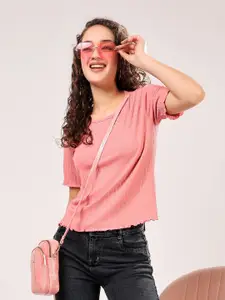 TQH Women Pink Ribbed Crop Top with Round Neck