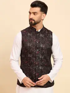 House of Pataudi Men Woven Design Mandarin Collar Nehru Jacket
