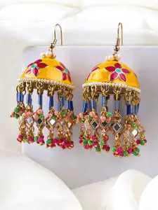 Sangria Gold-Plated Stone Studded And Beaded Meenakari Dome Shaped Drop Earrings