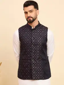 House of Pataudi Men Woven Design Mandarin Collar Nehru Jacket