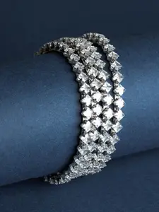 TEEJH Set Of 4 Silver-Plated Cubic Zirconia-Studded Oxidised Bangles