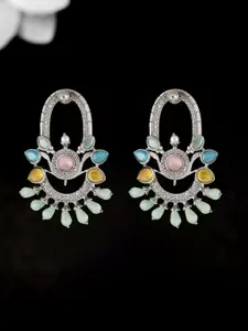 Sangria Silver-Plated Stone Studded Crescent Shaped Oxidised Drop Earrings