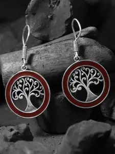 Sangria Silver-Plated Oxidised Circular Drop Earrings