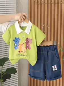 INCLUD Boys Teddy Printed Printed Polo Collar T-Shirt With Shorts