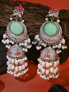 Sangria Silver-Plated Artificial Stone Studded And Pearls Beaded Oxidised Drop Earrings