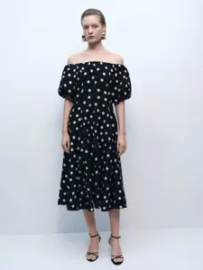 MANGO Polka Dots Print Off-Shoulder A-Line Midi Dress