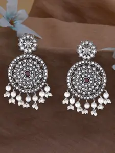 Sangria Silver-Plated Artificial Stones Studded & Beaded Circular Oxidised Drop Earrings