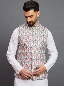 House of Pataudi Woven Design Mandarin Collar Nehru Jacket
