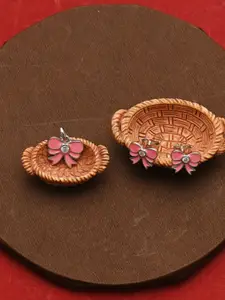 925 SILLER 925 Sterling Silver Rhodium-Plated Cubic Zirconia Studded Bow Pendant Set