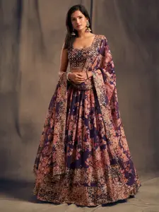 DIVASTRI Printed Sequinned Organza Semi-Stitched Lehenga & Unstitched Blouse With Dupatta