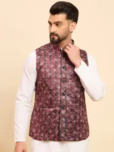 House of Pataudi Men Woven Design Mandarin Collar Nehru Jacket
