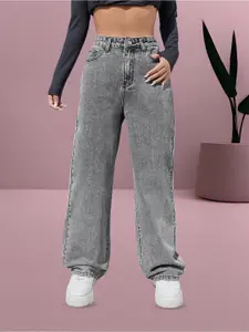 RIVI Women Comfort Wide Leg High-Rise Light Fade Acid Wash Stretchable Jeans