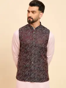 House of Pataudi Woven Design Mandarin Collar Nehru Jacket