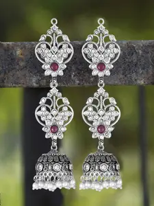 Sangria Silver-Plated Artificial Stones-Studded & Beaded Dome Shaped Oxidised Jhumkas