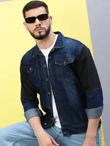 Kaali Peeli Men's Blue Washed Denim Jacket with Patchwork