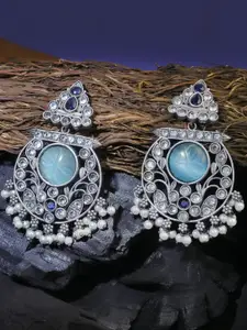 Sangria Silver-Plated Stones Studded And Pearls Circular Shaped Oxidised Drop Earrings