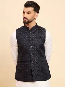 House of Pataudi Men Woven Design Mandarin Collar Nehru Jacket