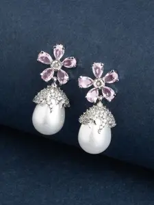 TEEJH Almaz Silver Plated Floral Shaped Oxidisd Drop Earrings