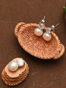 925 SILLER 925 Sterling Silver Rhodium-Plated CZ Stone-Studded & Pearls Beaded Pendant Set